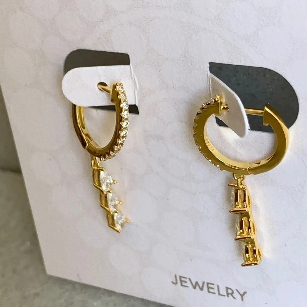 18K Gold Crystal Tear Drop Huggie Hoop Earrings - Picture 6 of 6